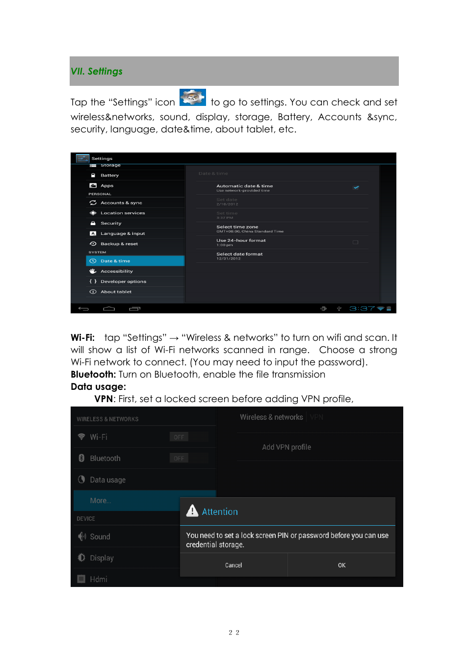 Vii. settings | PiPO Ultra-U8 User Manual | Page 22 / 32