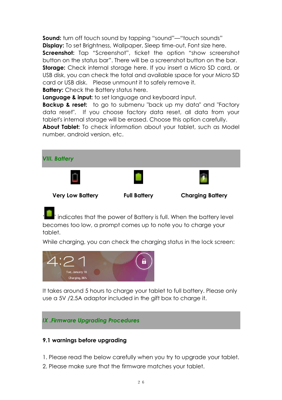 Viii. battery, Ix .firmware upgrading procedures | PiPO Ultra-U8 User Manual | Page 26 / 32