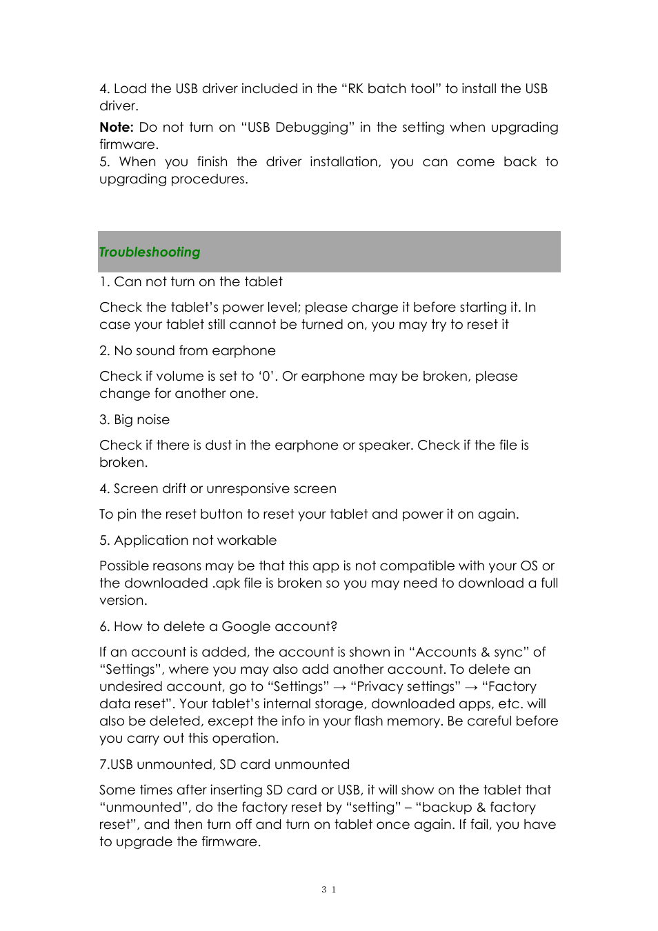 Troubleshooting | PiPO Ultra-U8 User Manual | Page 31 / 32