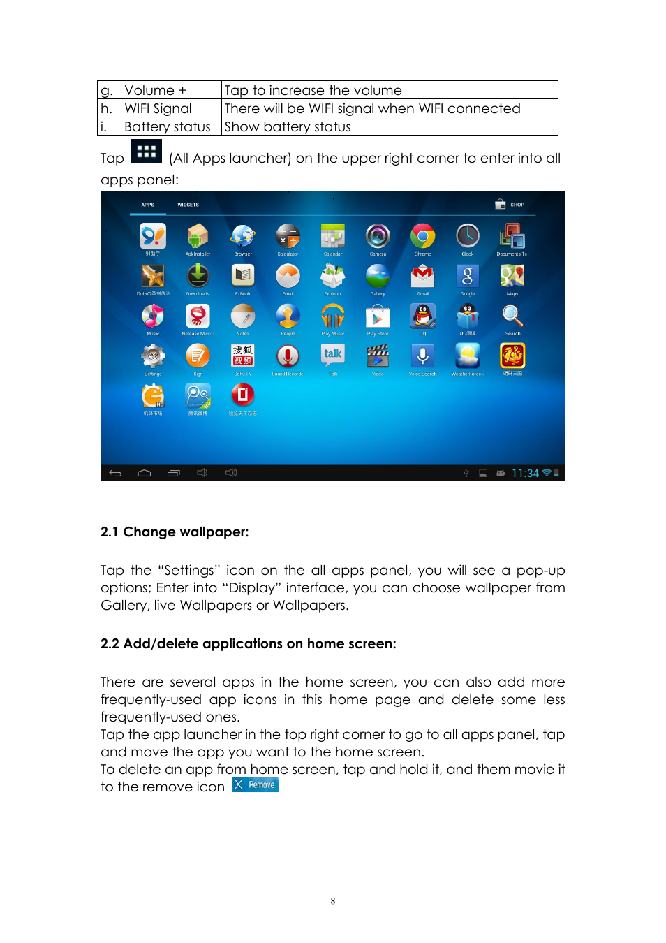 1 change wallpaper, 2 add/delete applications on home screen | PiPO Ultra-U8 User Manual | Page 8 / 32