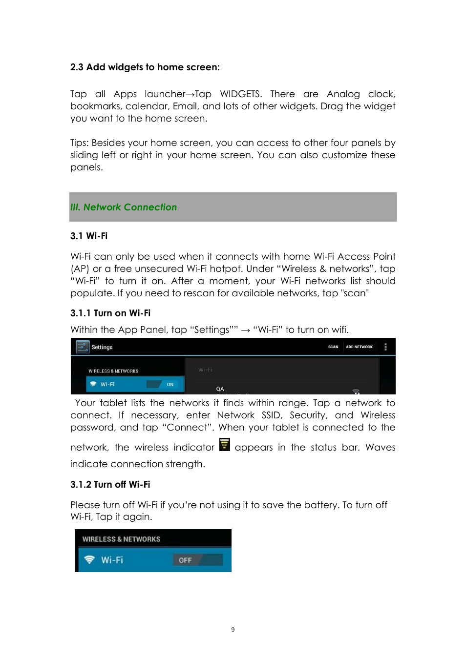 3 add widgets to home screen, Iii. network connection, 1 wi-fi | 1 turn on wi-fi, 2 turn off wi-fi | PiPO Ultra-U8 User Manual | Page 9 / 32