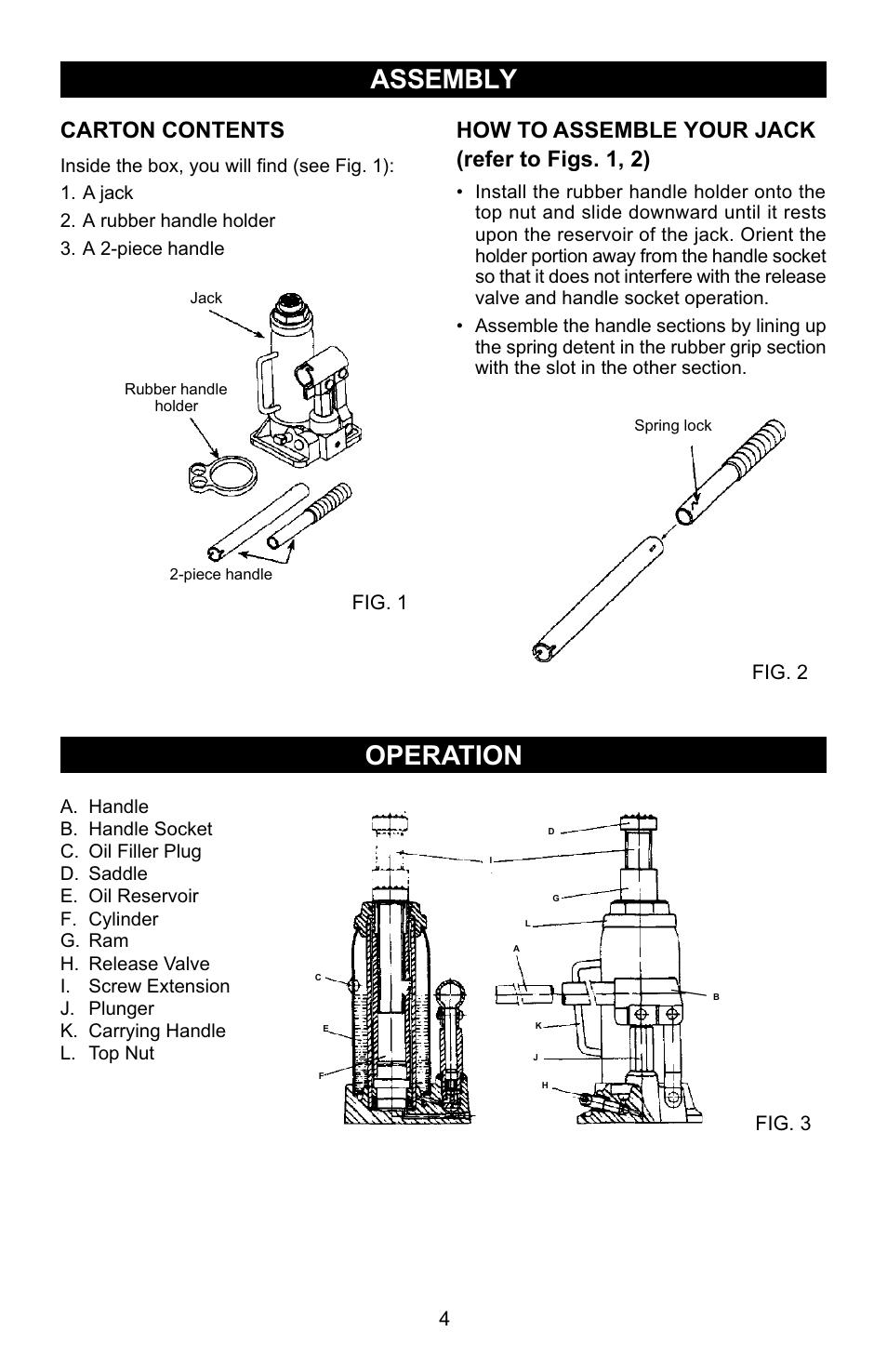 Assembly, Operation, Carton contents | How to assemble your jack (refer to figs. 1, 2), Fig. 1 fig. 2, Fig. 3 4 | Craftsman 50284 User Manual | Page 4 / 9