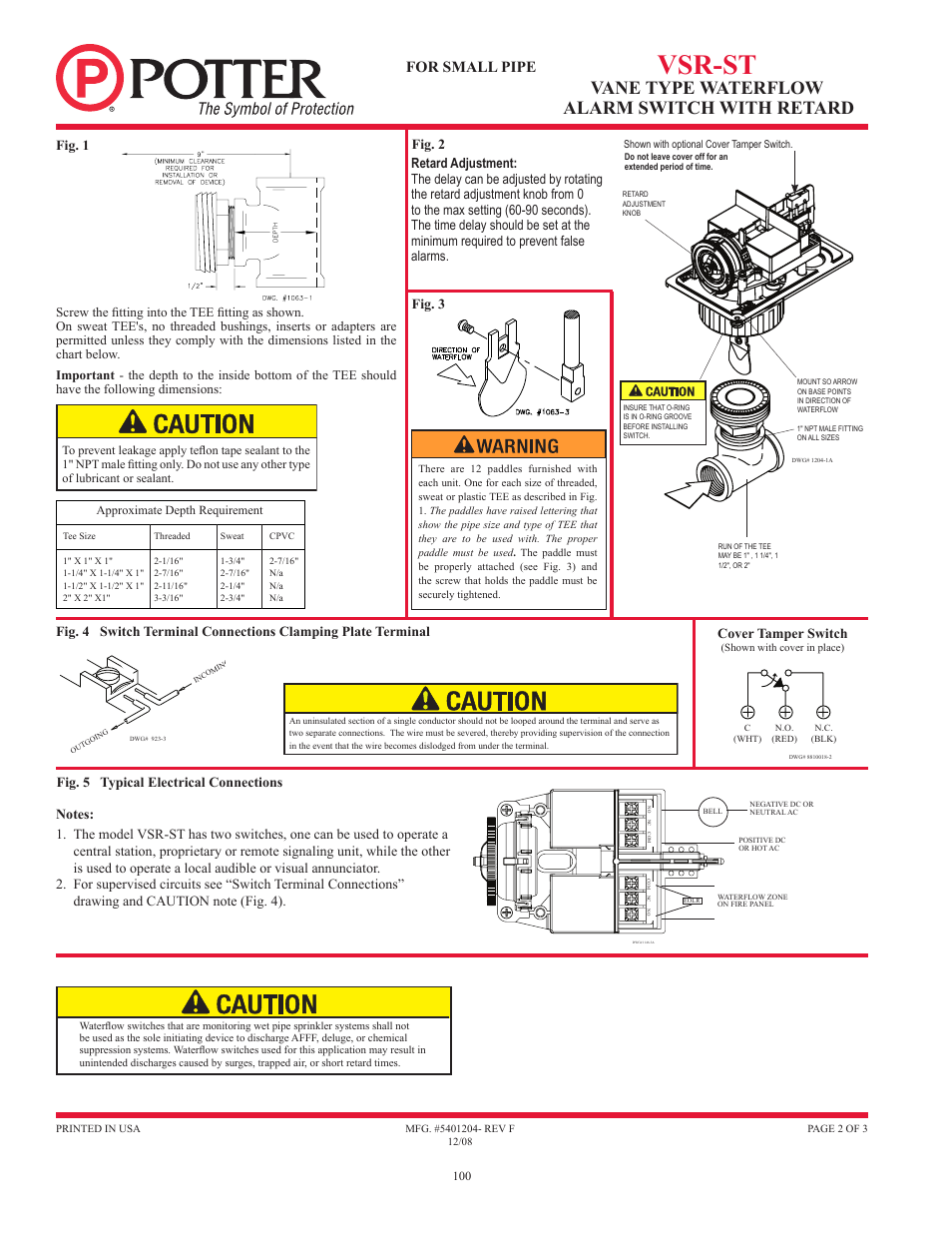 Vsr-st, Vane type waterflow alarm switch with retard, For small pipe | Fig. 2, Fig. 1, Fig. 3 cover tamper switch, Fig. 5 typical electrical connections | Potter Releasing Systems User Manual | Page 100 / 108