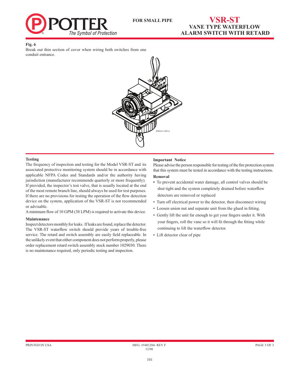 Vsr-st, Vane type waterflow alarm switch with retard | Potter Releasing Systems User Manual | Page 101 / 108