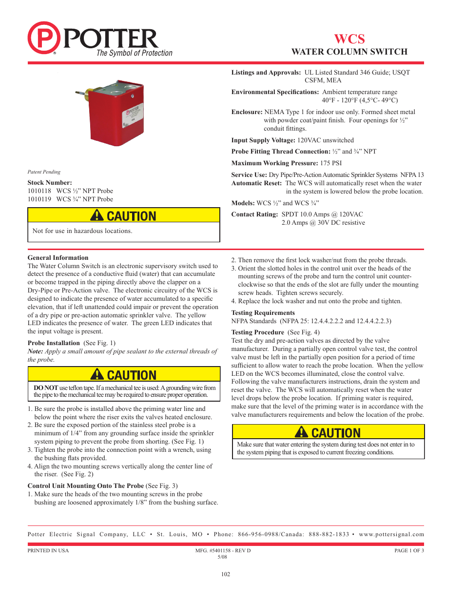 Water column switch | Potter Releasing Systems User Manual | Page 102 / 108