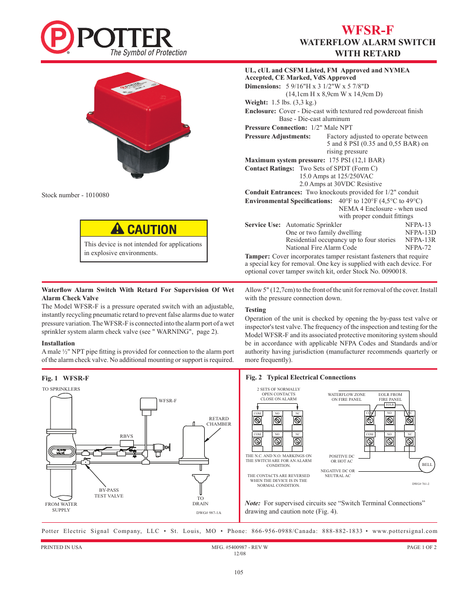 Wfsr-f, Waterflow alarm switch with retard | Potter Releasing Systems User Manual | Page 105 / 108