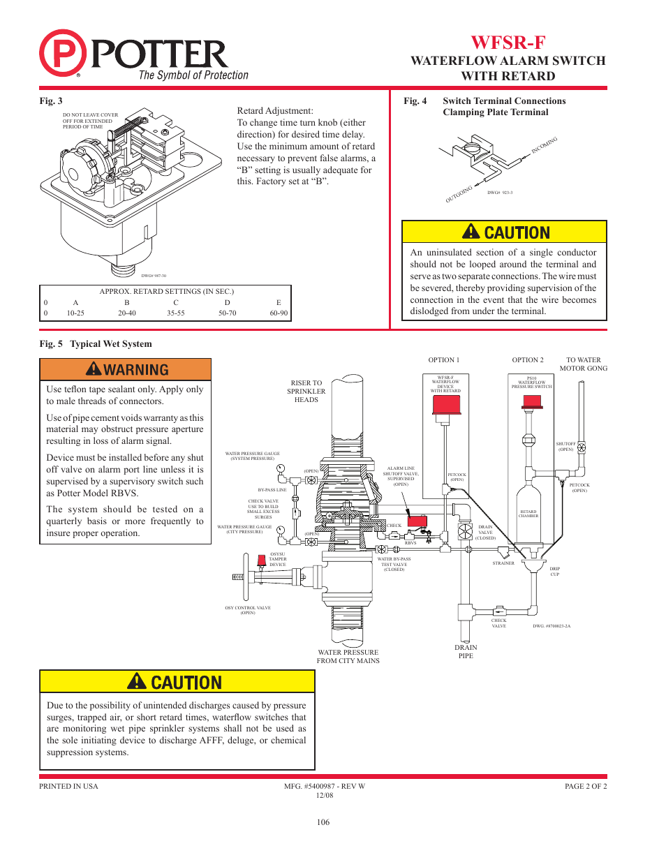 Wfsr-f, Waterflow alarm switch with retard, Fig. 5 typical wet system | Potter Releasing Systems User Manual | Page 106 / 108