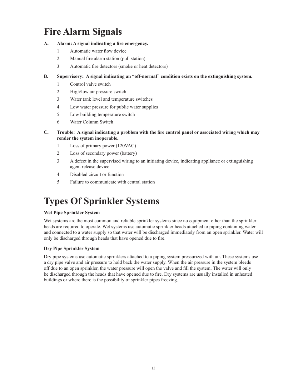 Fire alarm signals, Types of sprinkler systems | Potter Releasing Systems User Manual | Page 15 / 108