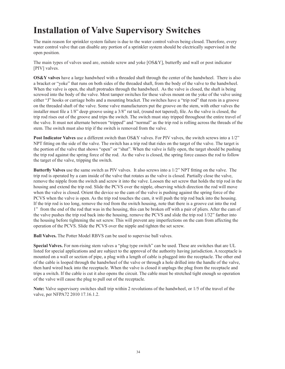 Installation of valve supervisory switches | Potter Releasing Systems User Manual | Page 34 / 108