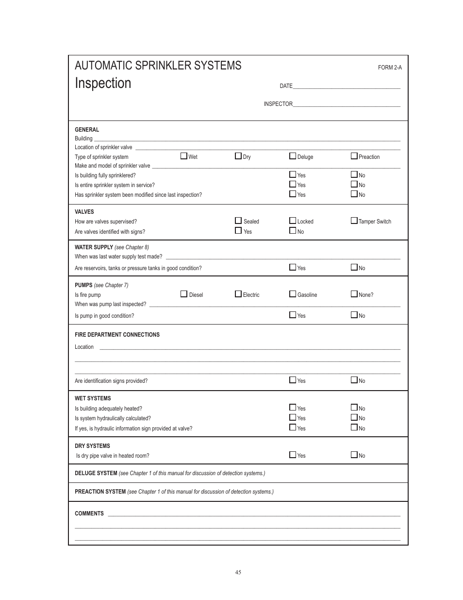 Inspection, Automatic sprinkler systems | Potter Releasing Systems User Manual | Page 45 / 108