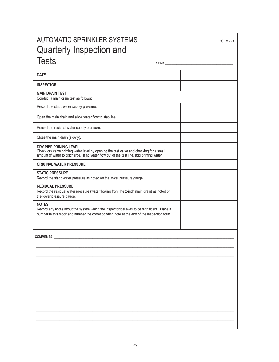 Quarterly inspection and tests, Automatic sprinkler systems | Potter Releasing Systems User Manual | Page 48 / 108