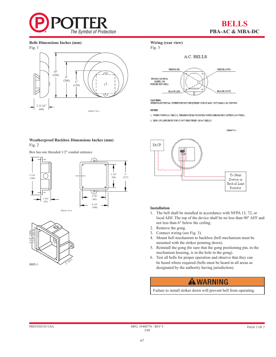 Bells, Pba-ac & mba-dc | Potter Releasing Systems User Manual | Page 67 / 108