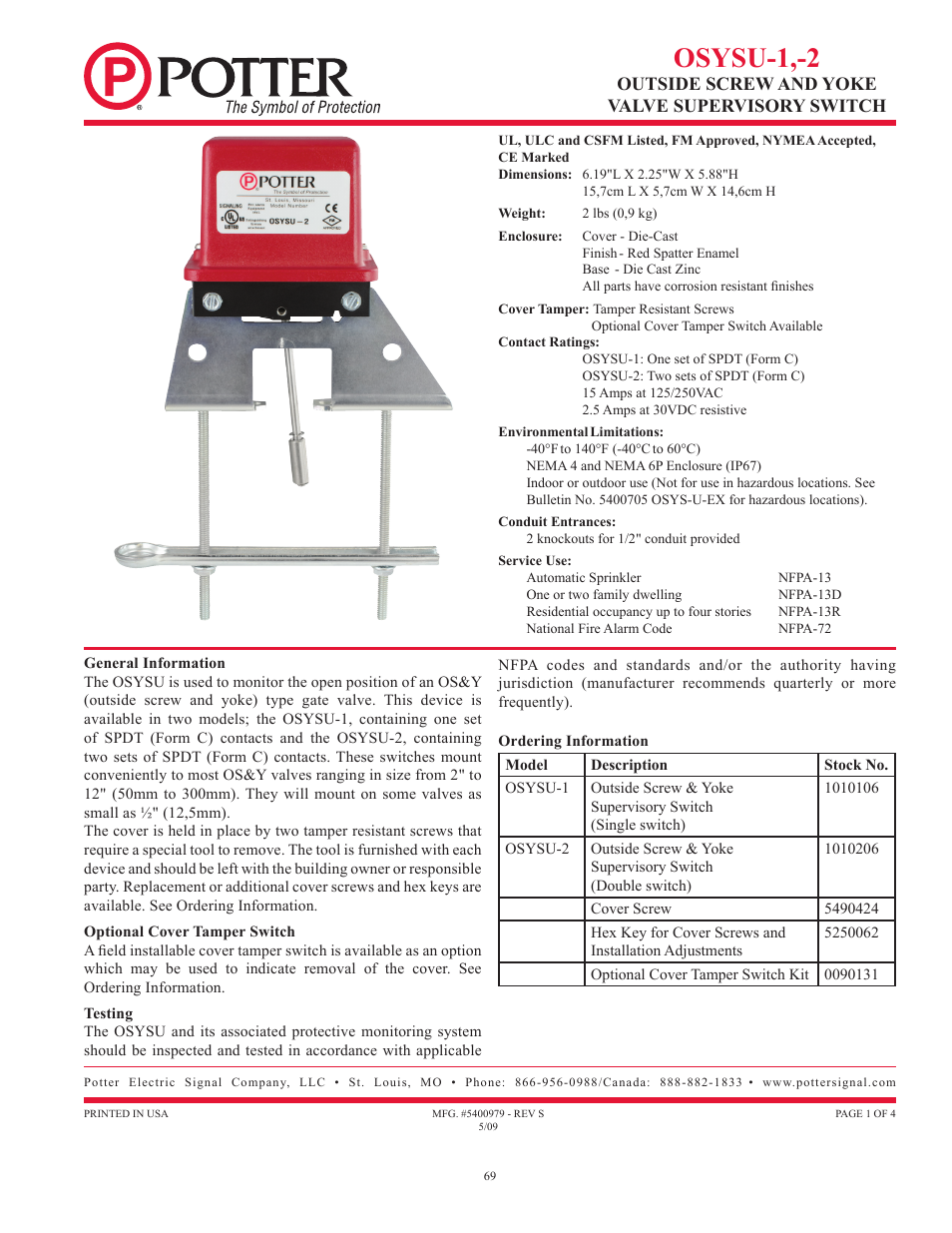 Osysu-1,-2, Outside screw and yoke valve supervisory switch | Potter Releasing Systems User Manual | Page 69 / 108