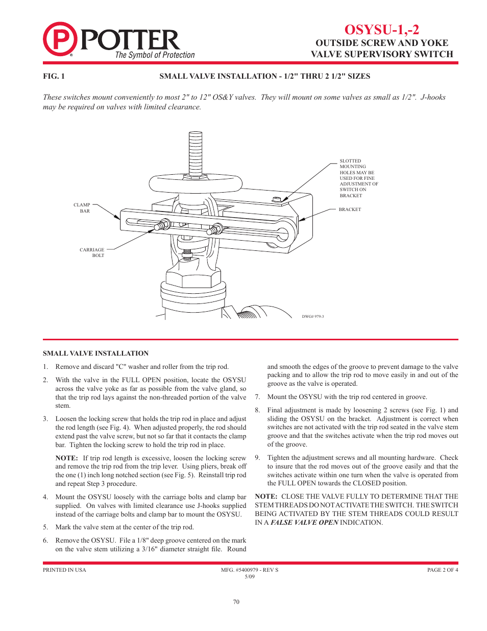 Osysu-1,-2, Outside screw and yoke valve supervisory switch | Potter Releasing Systems User Manual | Page 70 / 108