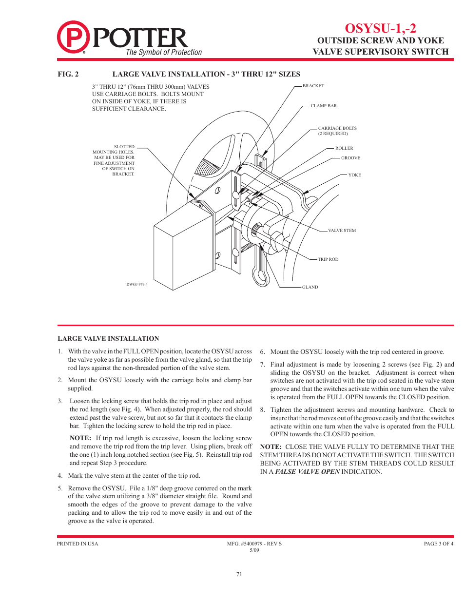 Osysu-1,-2, Outside screw and yoke valve supervisory switch | Potter Releasing Systems User Manual | Page 71 / 108