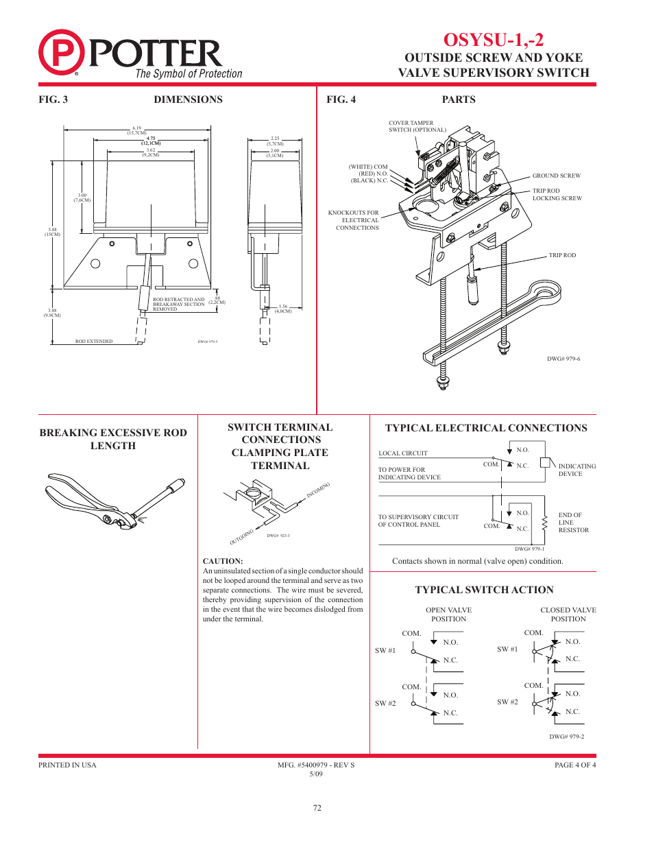 Osysu-1,-2, Outside screw and yoke valve supervisory switch, Typical switch action | Fig. 3 dimensions fig. 4 parts, Typical electrical connections | Potter Releasing Systems User Manual | Page 72 / 108