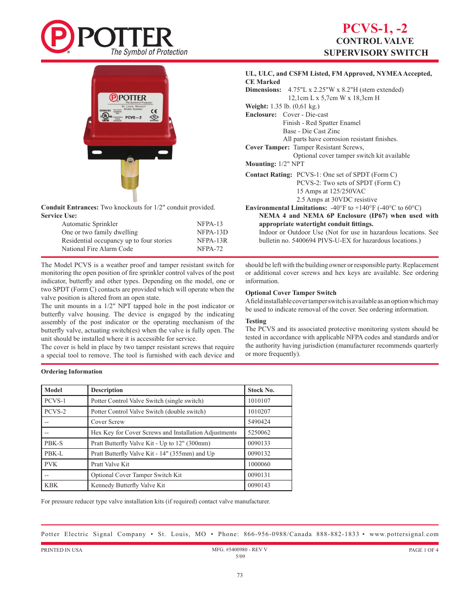 Pcvs-1, -2, Control valve supervisory switch | Potter Releasing Systems User Manual | Page 73 / 108