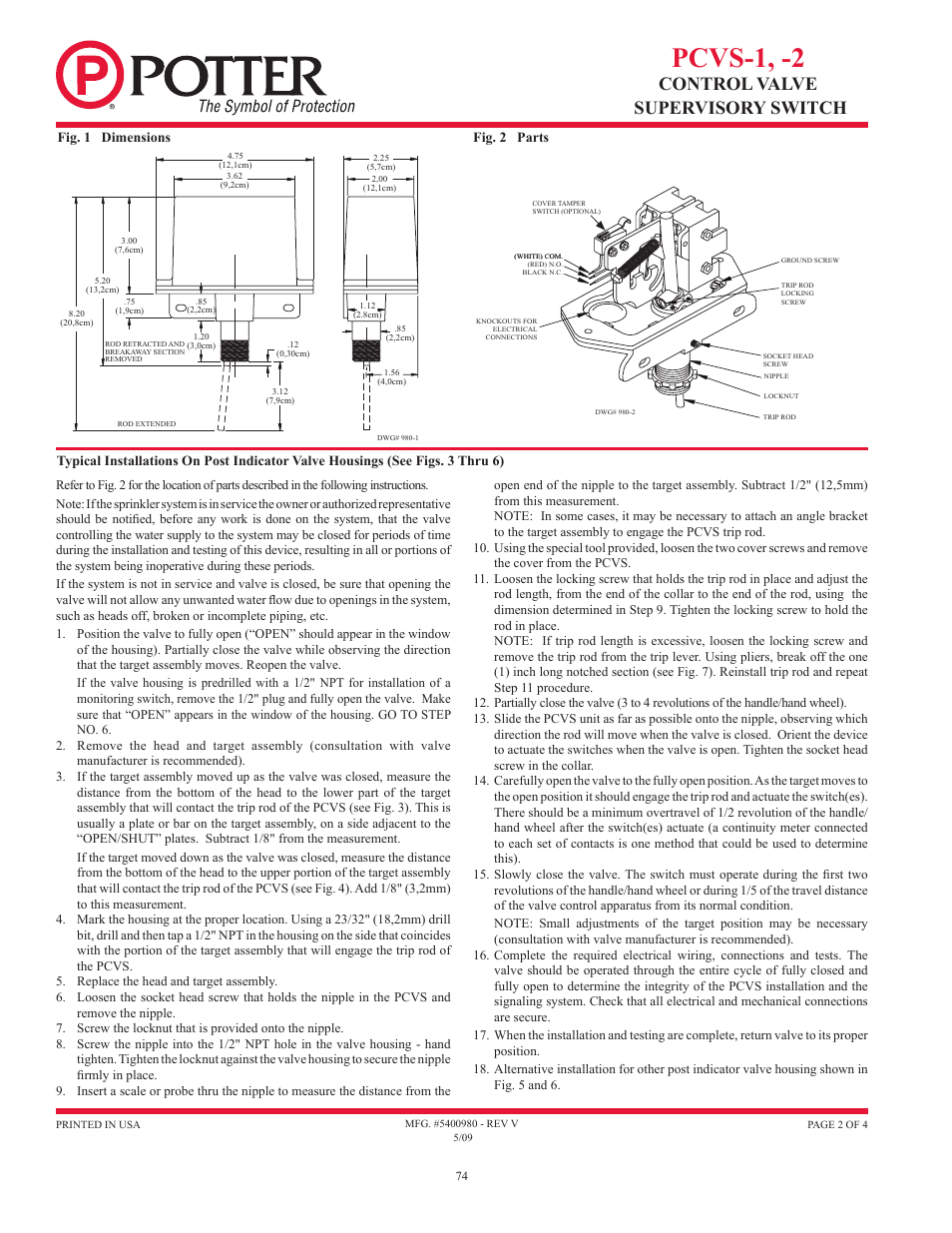 Pcvs-1, -2, Control valve supervisory switch | Potter Releasing Systems User Manual | Page 74 / 108