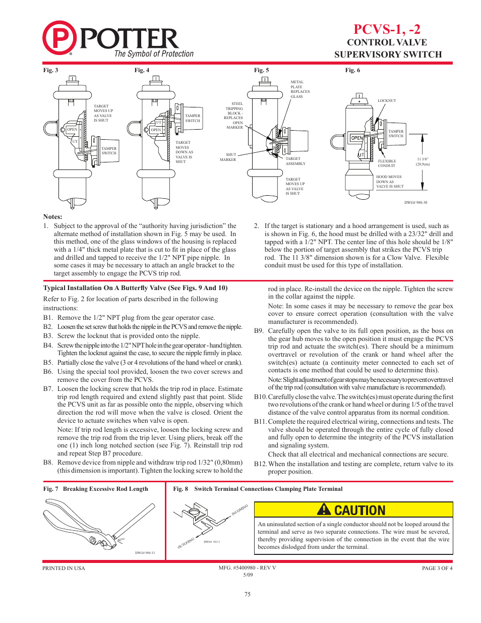 Pcvs-1, -2, Control valve supervisory switch | Potter Releasing Systems User Manual | Page 75 / 108