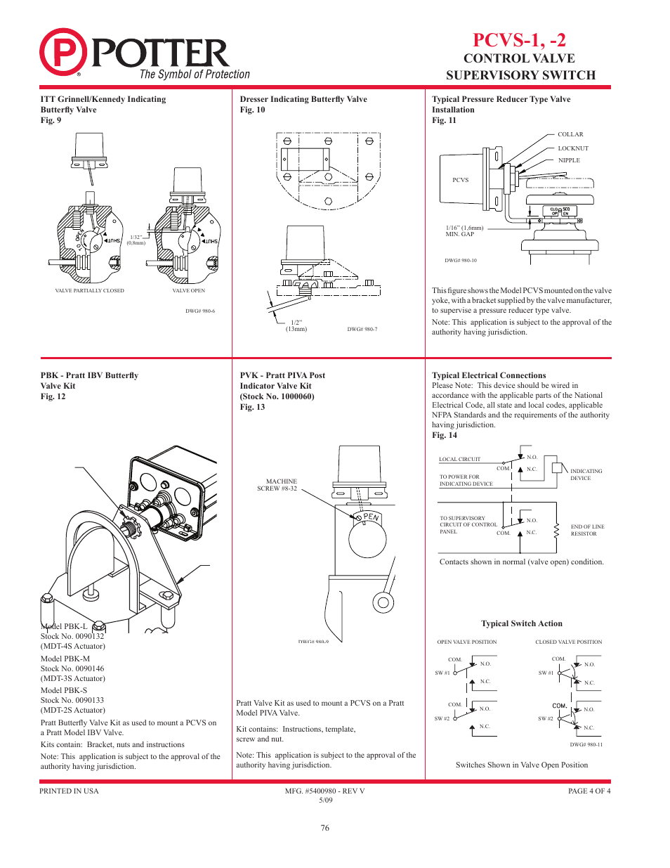 Pcvs-1, -2, Control valve supervisory switch | Potter Releasing Systems User Manual | Page 76 / 108