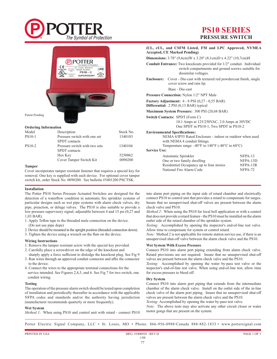 Ps10 series, Pressure switch | Potter Releasing Systems User Manual | Page 77 / 108