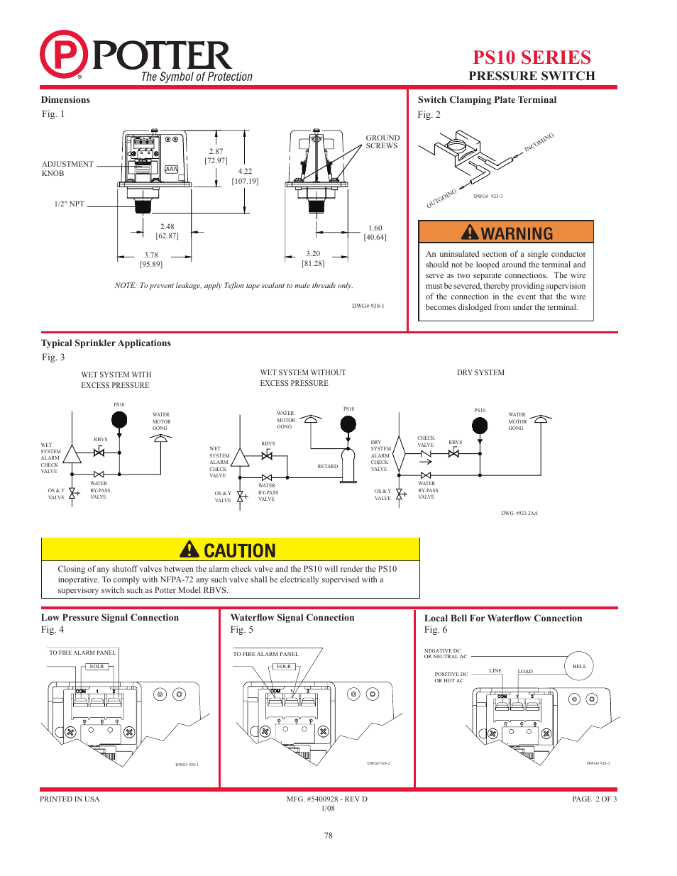 Ps10 series, Pressure switch, Local bell for waterflow connection fig. 6 | Potter Releasing Systems User Manual | Page 78 / 108