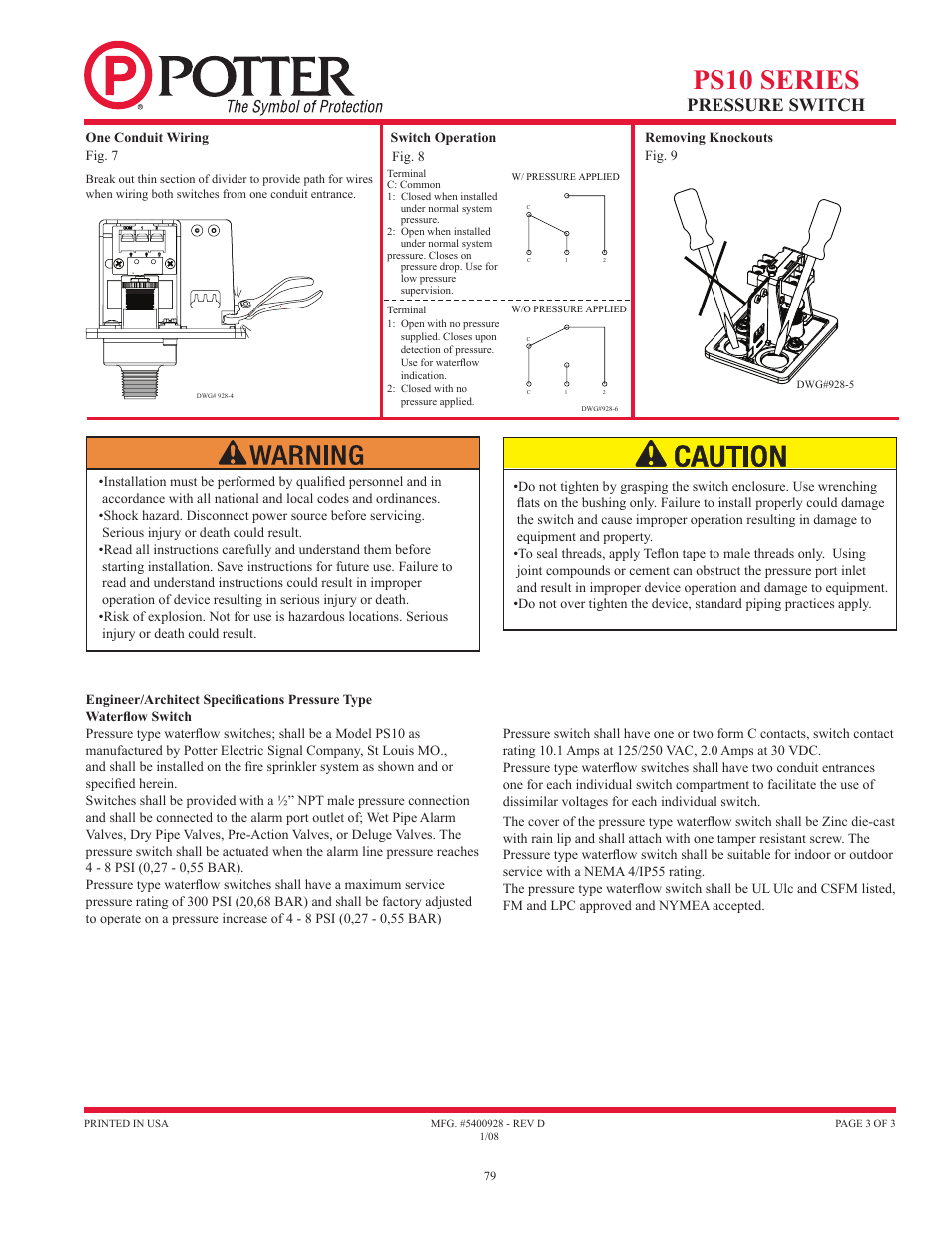Ps10 series, Pressure switch | Potter Releasing Systems User Manual | Page 79 / 108