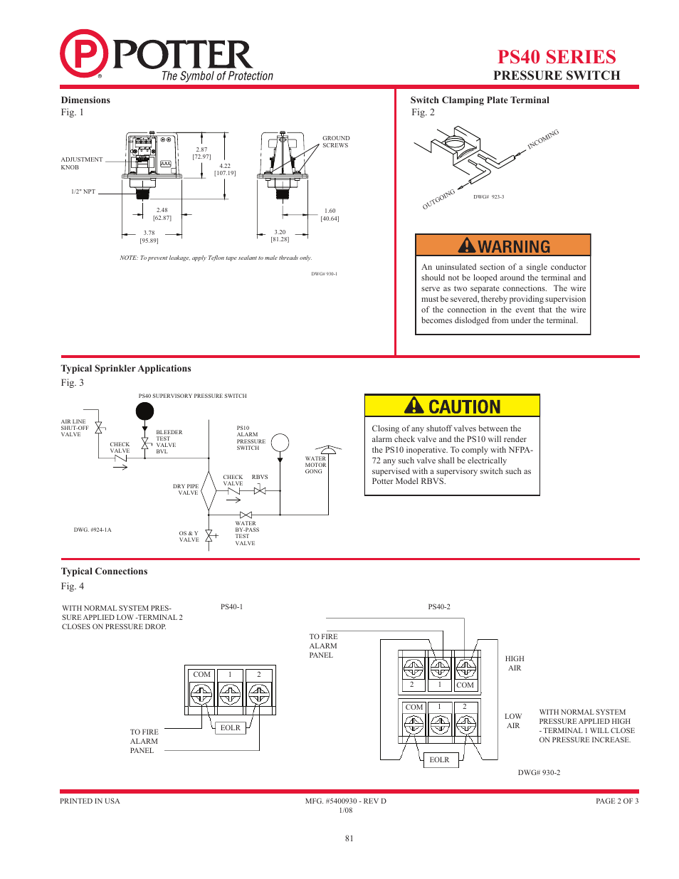 Ps40 series, Pressure switch, Fig. 1 fig. 2 fig. 3 | Typical connections fig. 4 | Potter Releasing Systems User Manual | Page 81 / 108