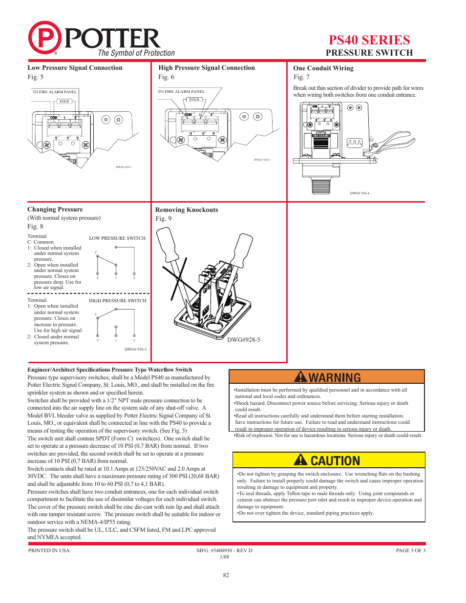 Ps40 series, Pressure switch | Potter Releasing Systems User Manual | Page 82 / 108