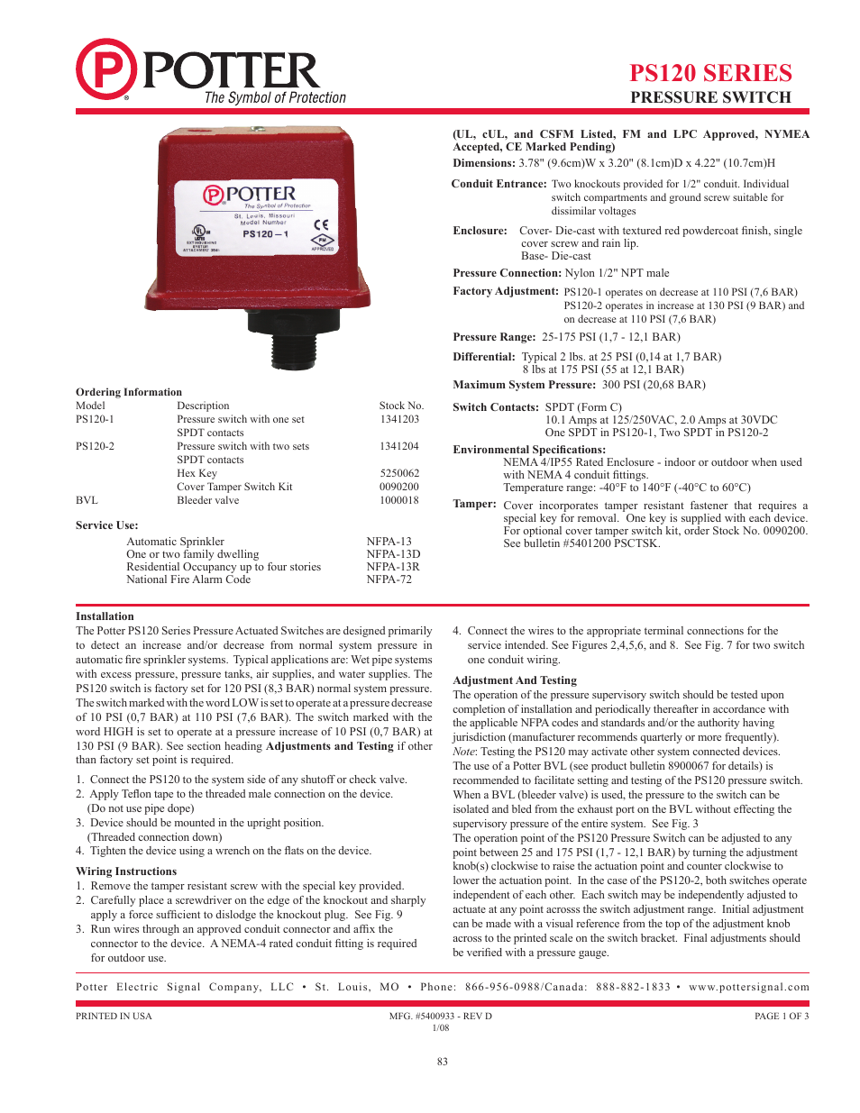 Ps120 series, Pressure switch | Potter Releasing Systems User Manual | Page 83 / 108