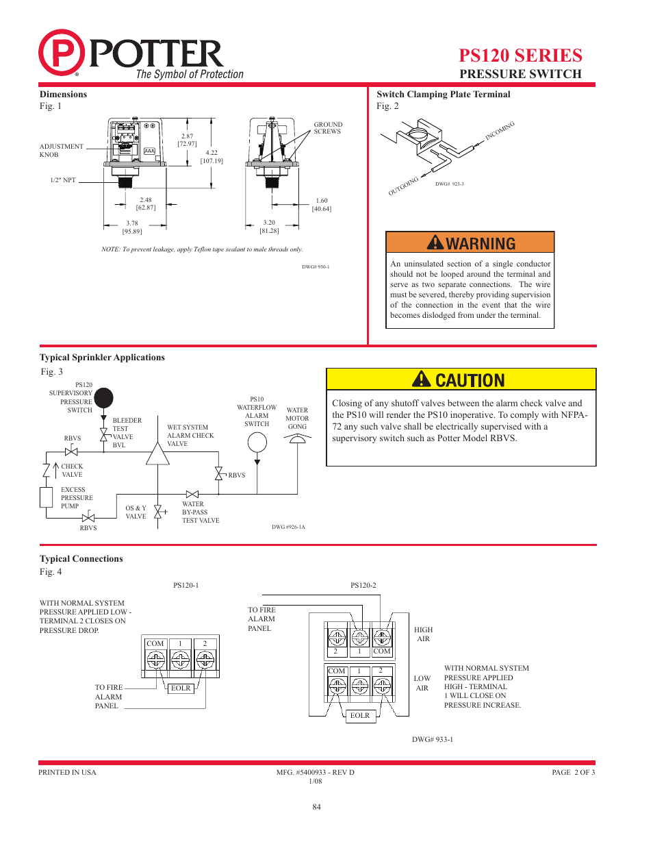 Ps120 series, Pressure switch | Potter Releasing Systems User Manual | Page 84 / 108