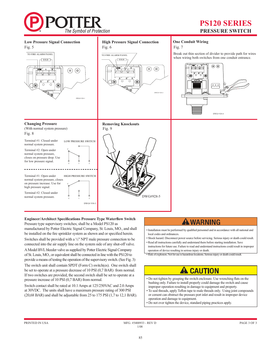 Ps120 series, Pressure switch | Potter Releasing Systems User Manual | Page 85 / 108