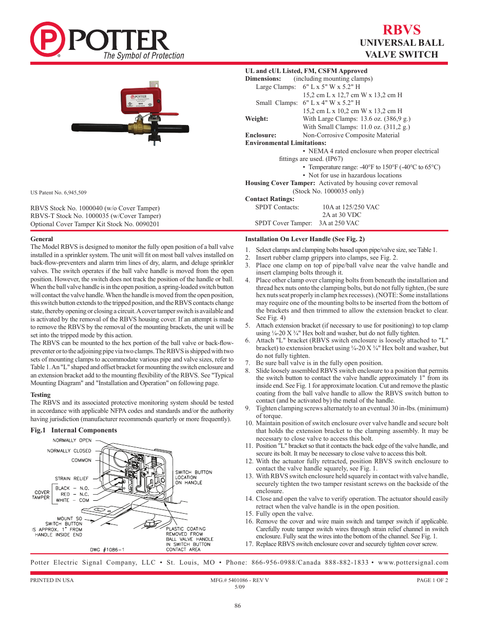 Rbvs, Universal ball valve switch | Potter Releasing Systems User Manual | Page 86 / 108