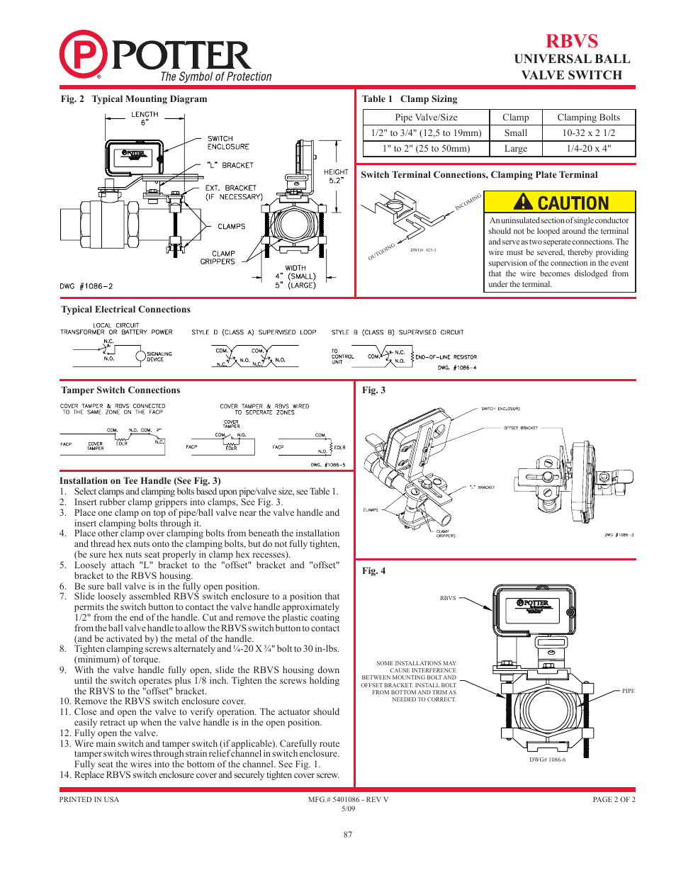 Rbvs, Universal ball valve switch | Potter Releasing Systems User Manual | Page 87 / 108