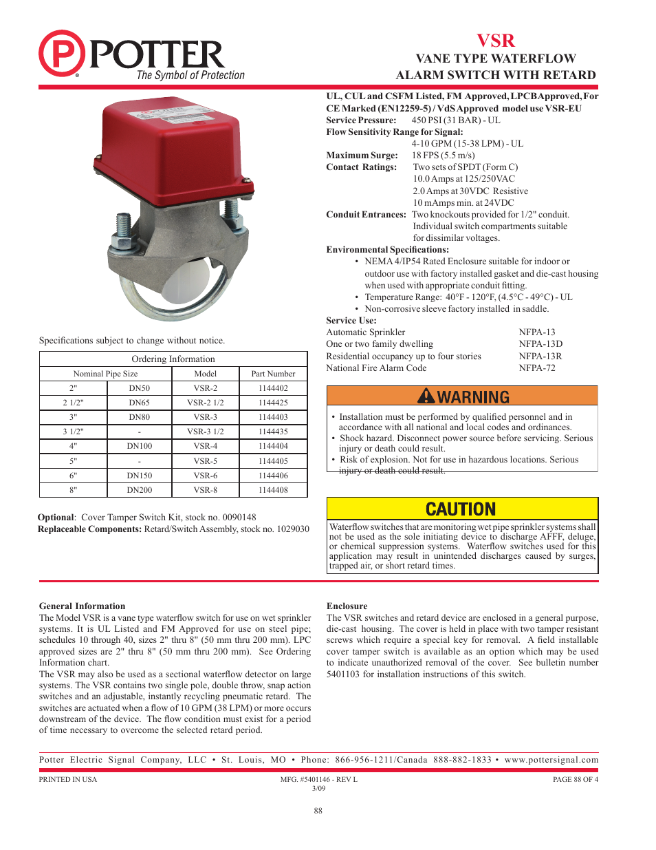 Vane type waterflow alarm switch with retard | Potter Releasing Systems User Manual | Page 88 / 108