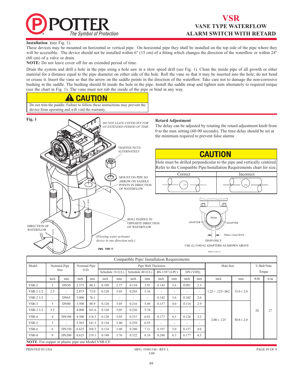 Vane type waterflow alarm switch with retard, Fig. 1 compatible pipe/ installation requirements | Potter Releasing Systems User Manual | Page 89 / 108