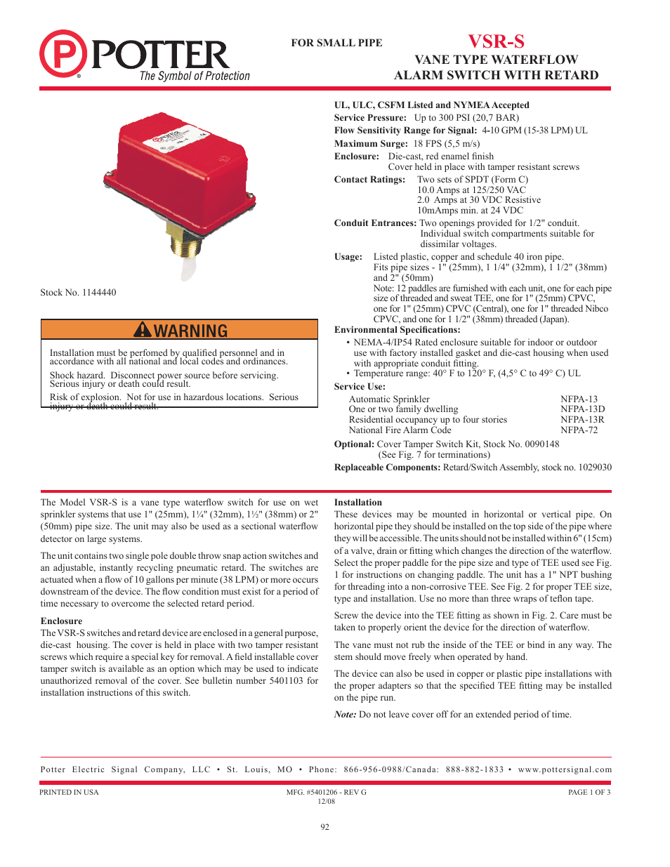 Vsr-s, Vane type waterflow alarm switch with retard | Potter Releasing Systems User Manual | Page 92 / 108