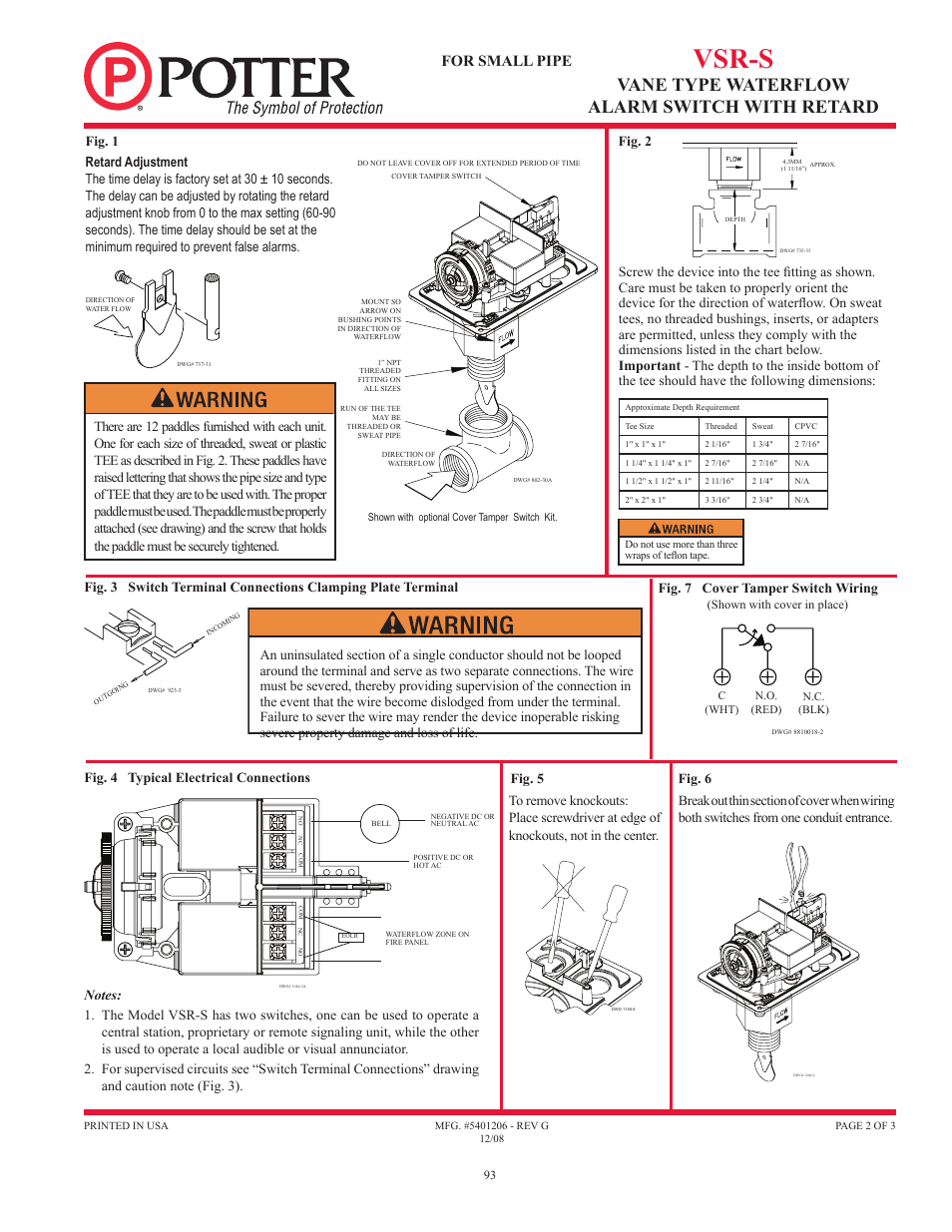 Vsr-s, Vane type waterflow alarm switch with retard, For small pipe | Fig. 7 cover tamper switch wiring | Potter Releasing Systems User Manual | Page 93 / 108