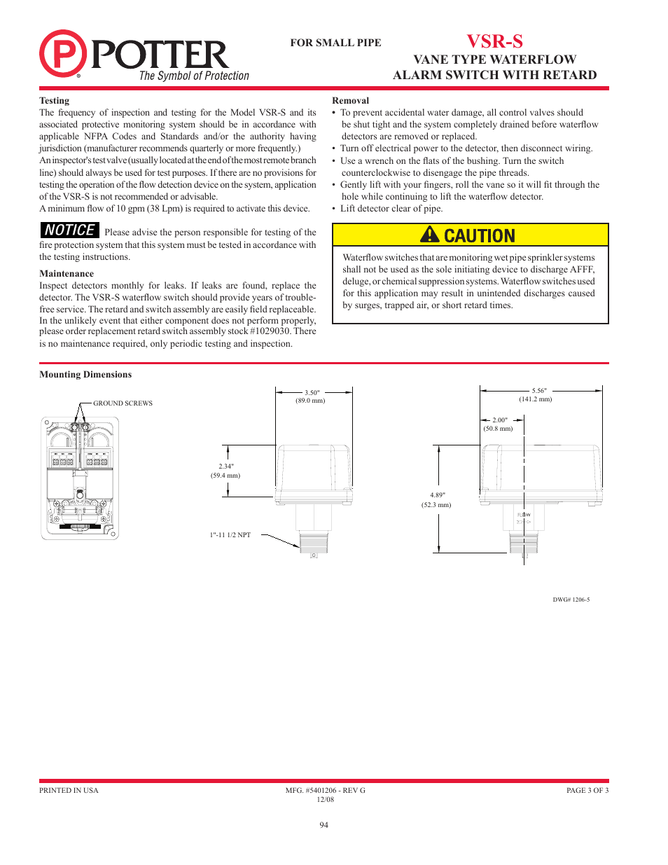 Vsr-s, Vane type waterflow alarm switch with retard | Potter Releasing Systems User Manual | Page 94 / 108