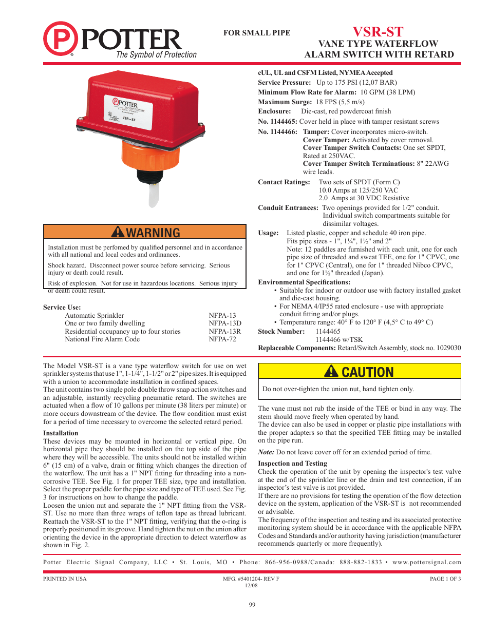Vsr-st, Vane type waterflow alarm switch with retard | Potter Releasing Systems User Manual | Page 99 / 108