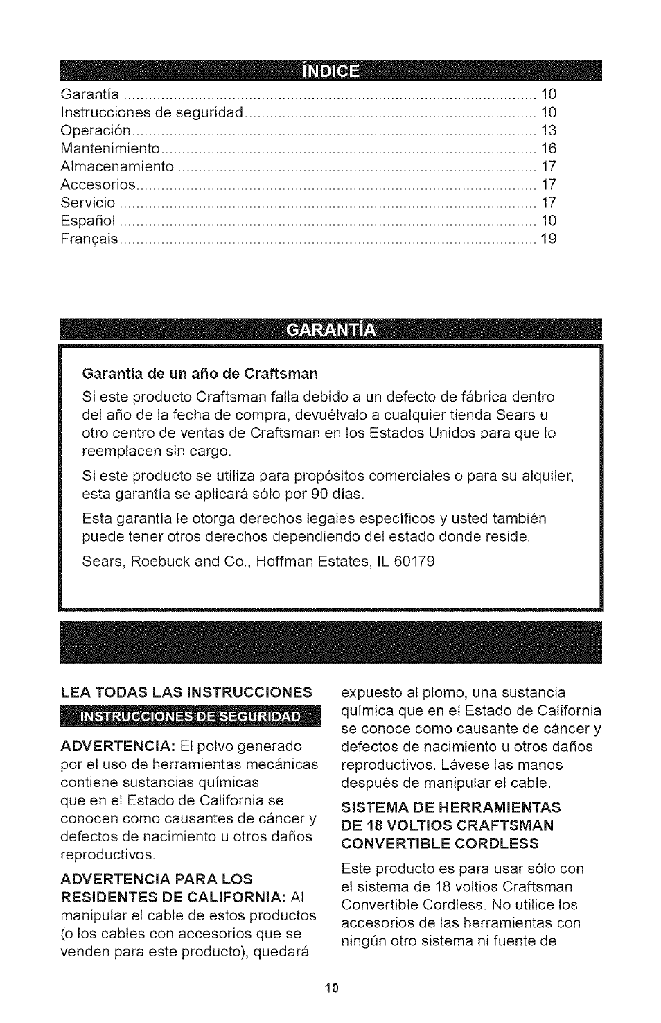 Garantía de un año de craftsman, Advertencia para los residentes de california: al, Garantia | Craftsman 71.74291 User Manual | Page 10 / 28