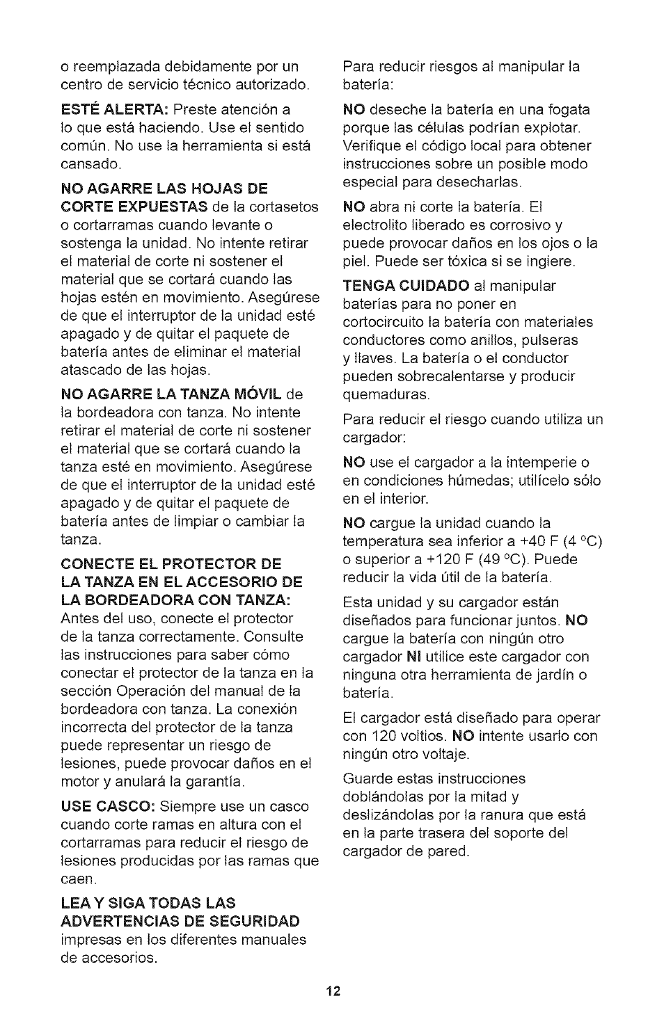 No agarre la tanza móvil de, Lea y siga todas las advertencias de seguridad | Craftsman 71.74291 User Manual | Page 12 / 28