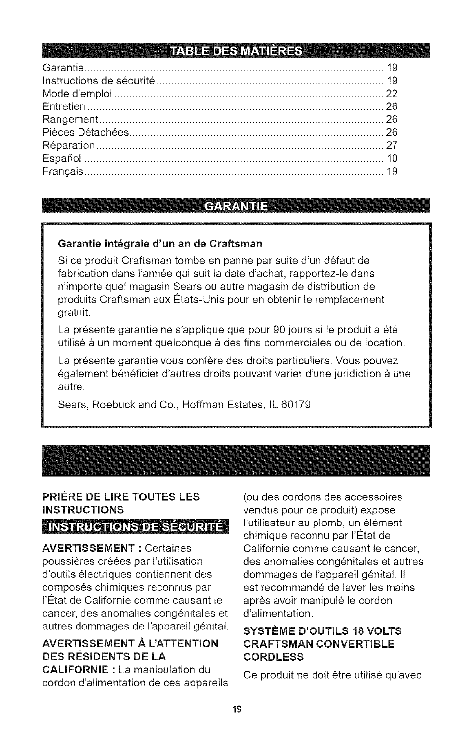 Garantie intégrale d’un an de craftsman, Priere de lire toutes les instructions | Craftsman 71.74291 User Manual | Page 19 / 28