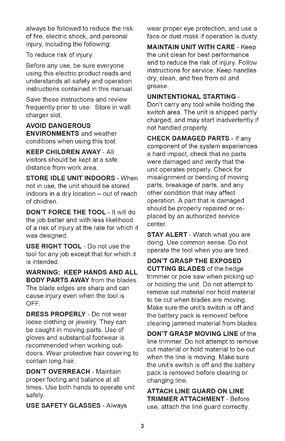 Keep children away - all, Unintentional starting, Check damaged parts - if any | Don’t grasp moving line of the | Craftsman 71.74291 User Manual | Page 3 / 28