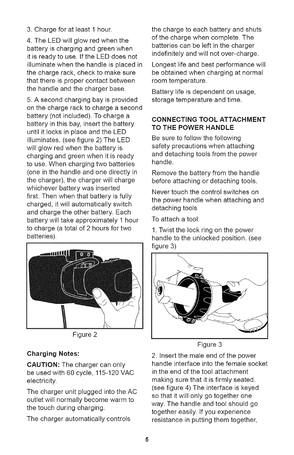 Charging notes, Connecting tool attachment to the power handle | Craftsman 71.74291 User Manual | Page 5 / 28