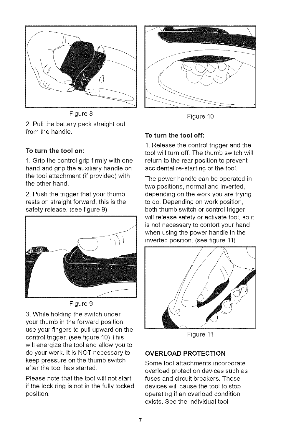 To turn the tool on, To turn the tool off, Overload protection | Craftsman 71.74291 User Manual | Page 7 / 28