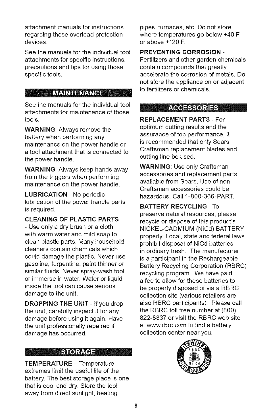 Cleaning of plastic parts, Preventing corrosion, Replacement parts - for | Battery recycling - to, Maintenance, Storage, Accessories | Craftsman 71.74291 User Manual | Page 8 / 28