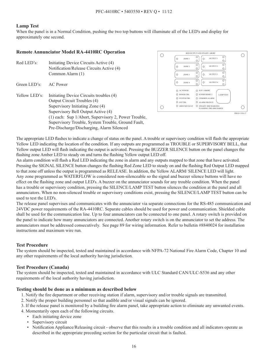 Lamp test, Remote annunciator model ra-4410rc operation, Test procedure | Test procedure (canada) | Potter PFC-4410RC User Manual | Page 16 / 99