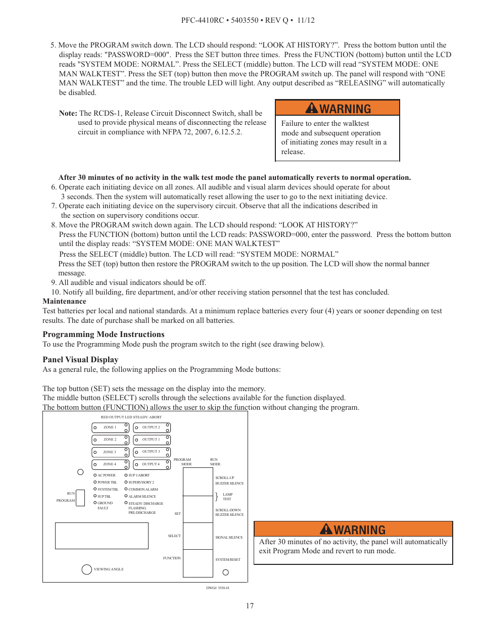 Programming mode instructions, Panel visual display | Potter PFC-4410RC User Manual | Page 17 / 99
