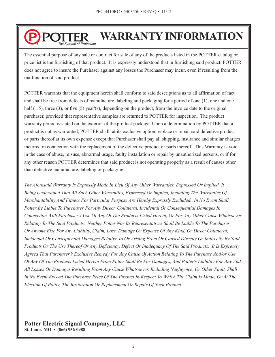 Warranty information | Potter PFC-4410RC User Manual | Page 2 / 99